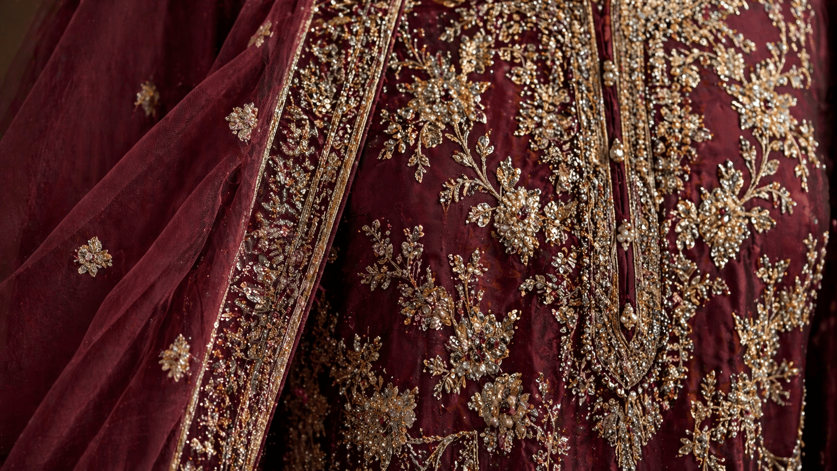 Close-up of heavily embroidered Pakistani party wear suit with threadwork and sequins