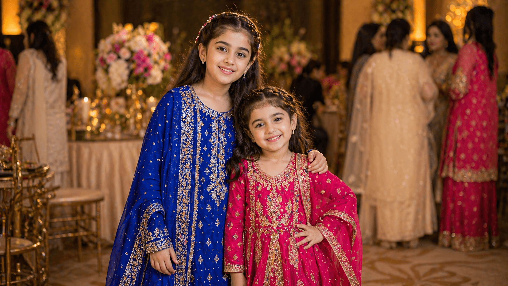 Pakistani girls in colourful embroidered party wear frocks at a wedding