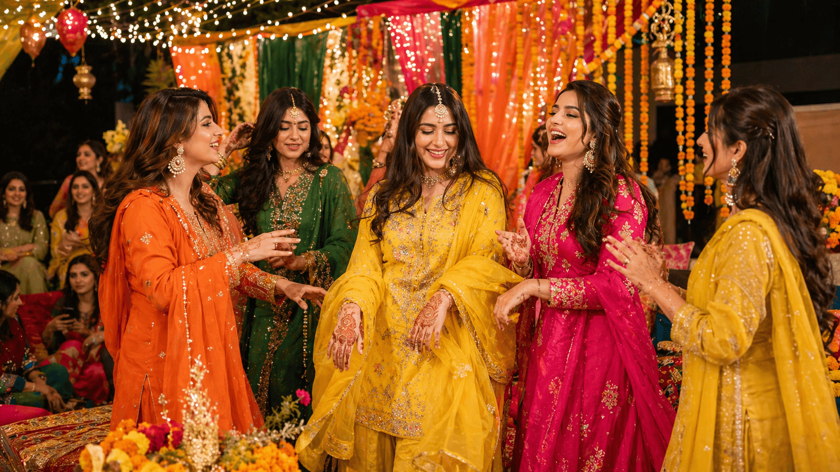 Colourful mehndi night decor with guests in vibrant Pakistani outfits