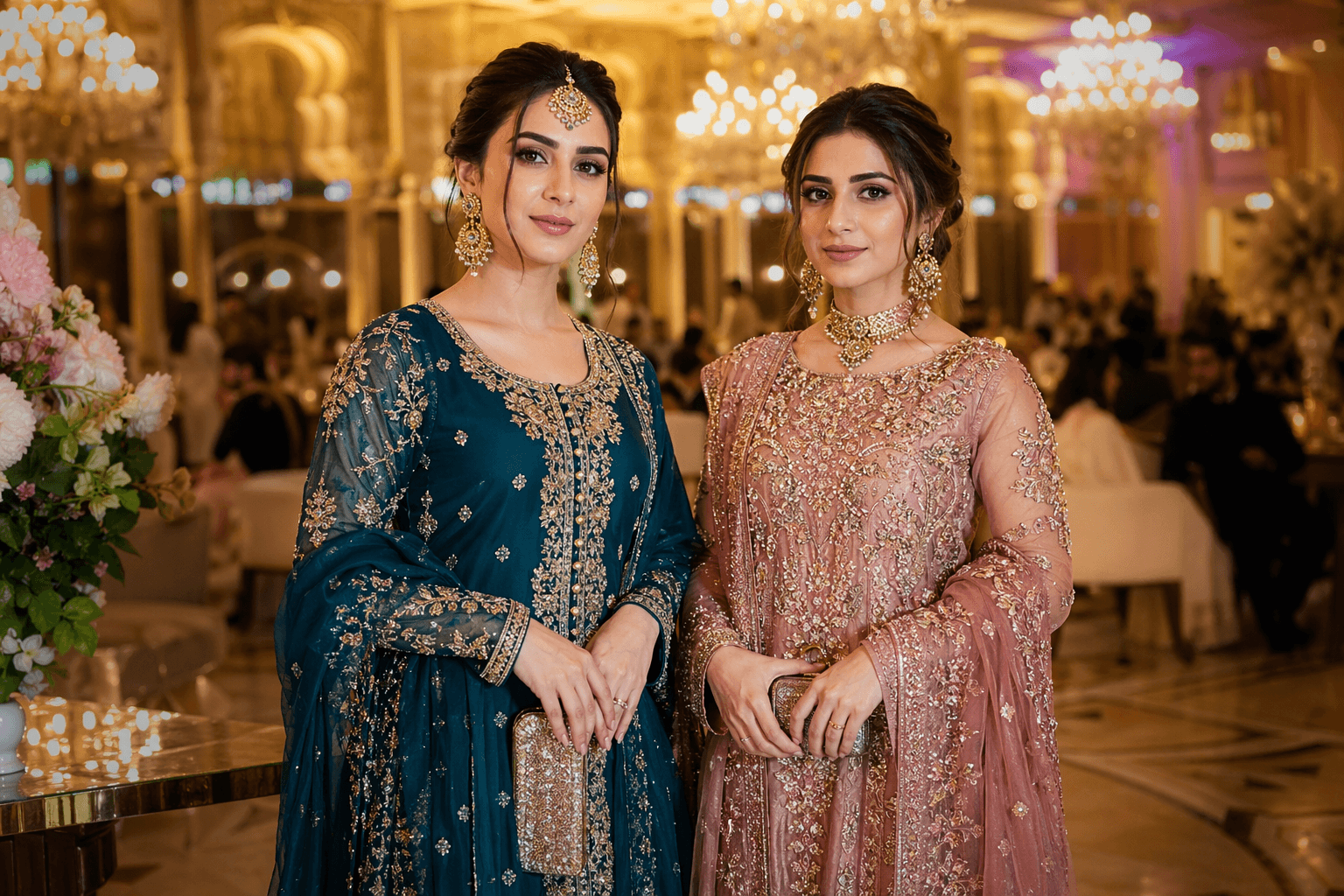 Elegant Pakistani women in embroidered party wear at a wedding reception
