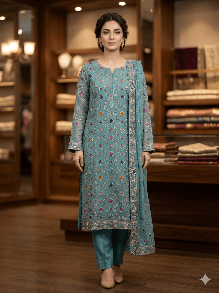 The "Midnight Teal" Embroidered Georgette