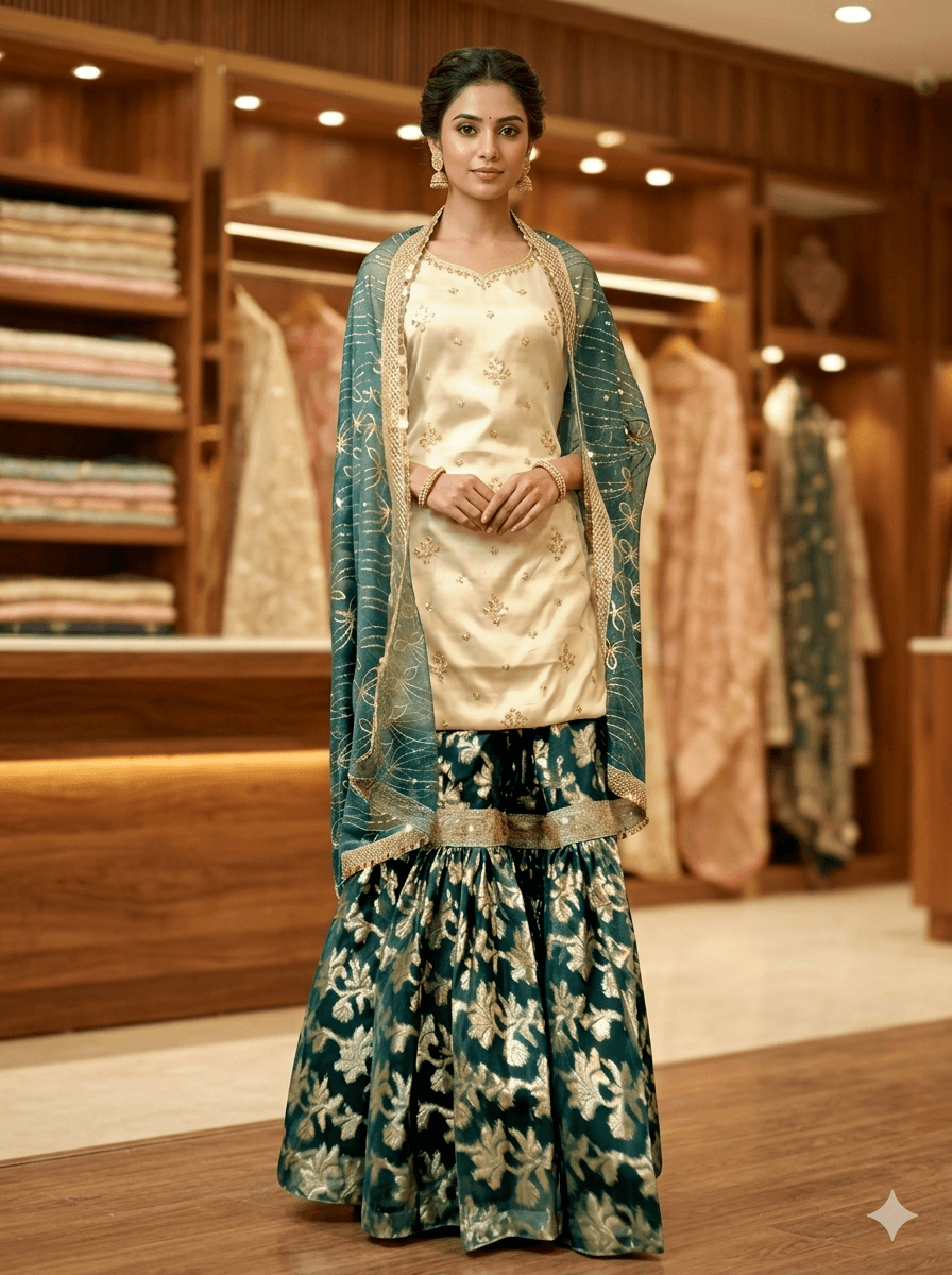 The Royal Emerald Banarsi Organza Gharara Suit