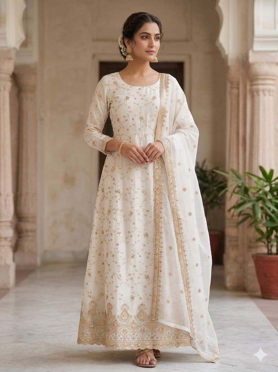 Maxi Raw Silk Sequin Work Dress with Chiffon Border Dupatta – Elegant Pakistani Party Wear