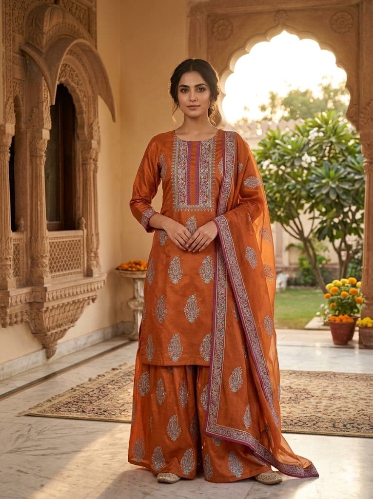 Rust Orange Cotton Silk Block Print Pakistani Suit with Dupatta | Festive & Party Wear