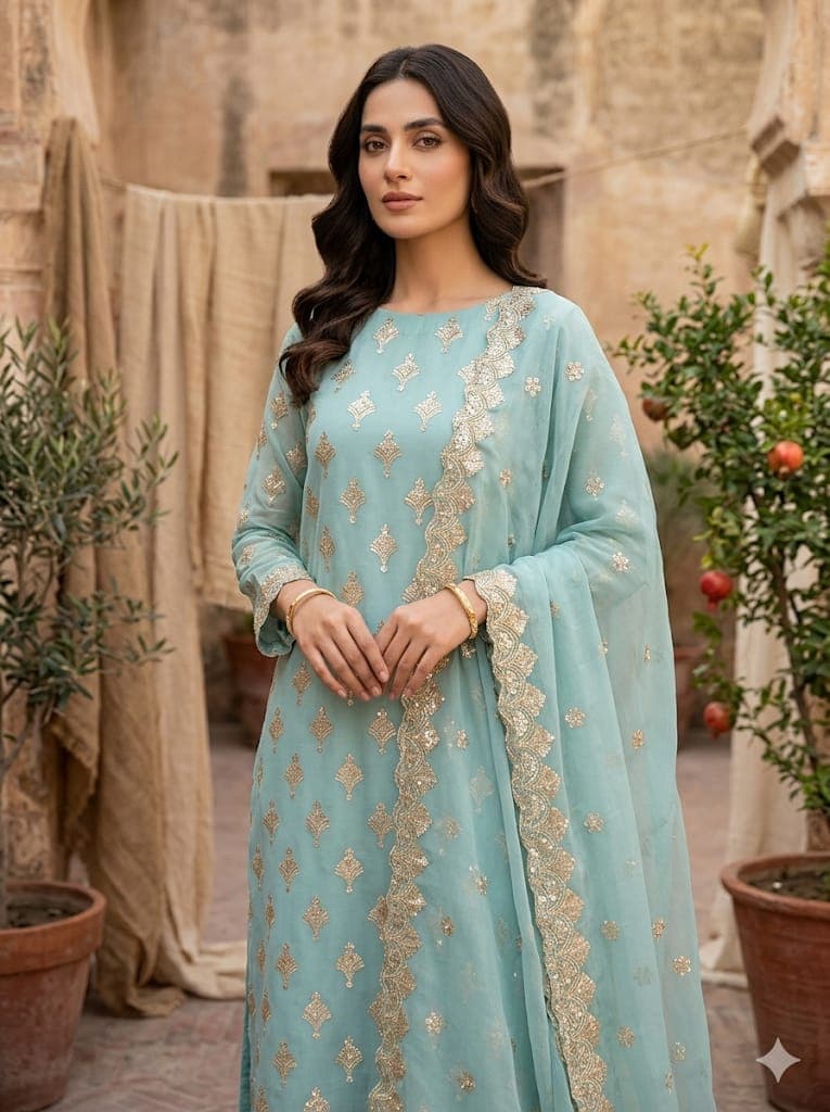 Semi Pure Chiffon Zari Embroidered Pakistani Suit with Dupatta