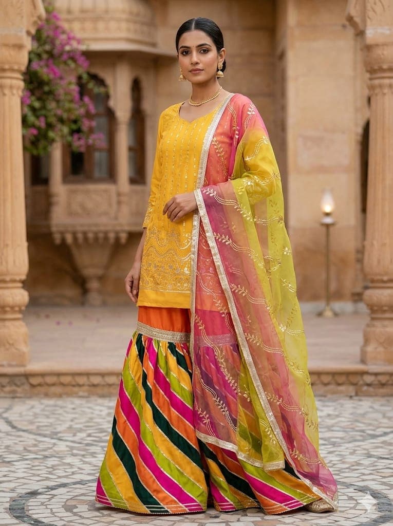 Silk Multi Chata Patti Garara Suit with Embroidered Chiffon Shirt & Net Dupatta